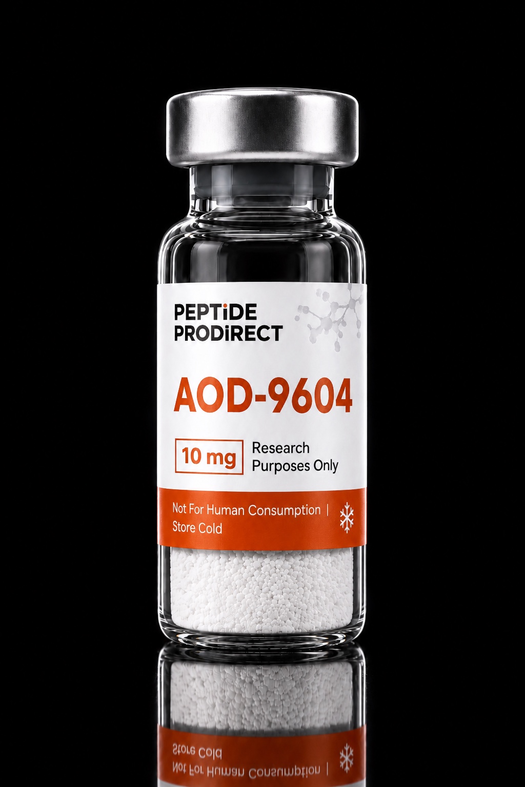 Peptide Prodirect AOD-9604 research-material vial in a black studio