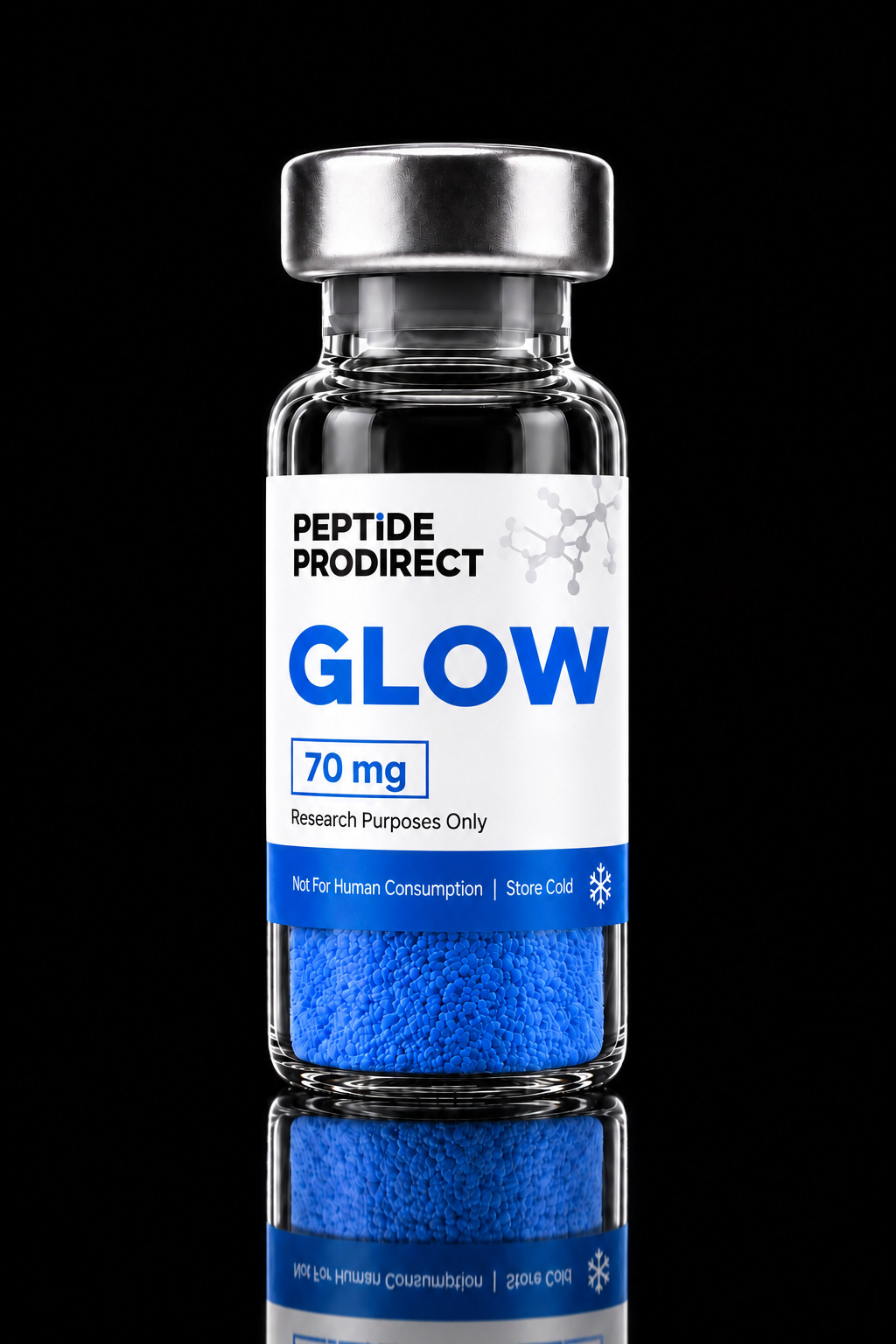 Peptide Prodirect GLOW research-material vial in a black studio