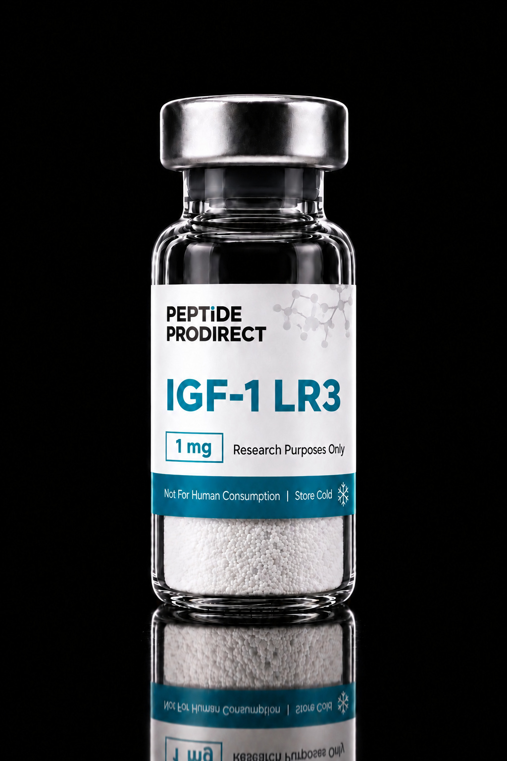 Peptide Prodirect IGF-1 LR3 research-material vial in a black studio