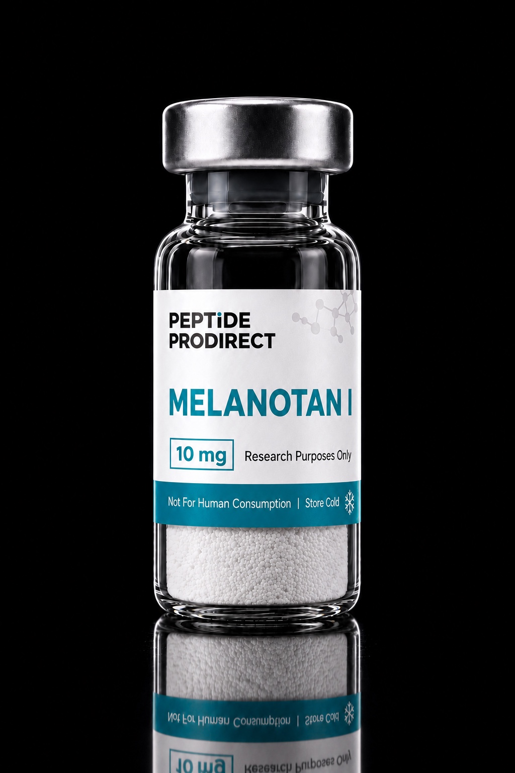 Peptide Prodirect Melanotan I research-material vial in a black studio