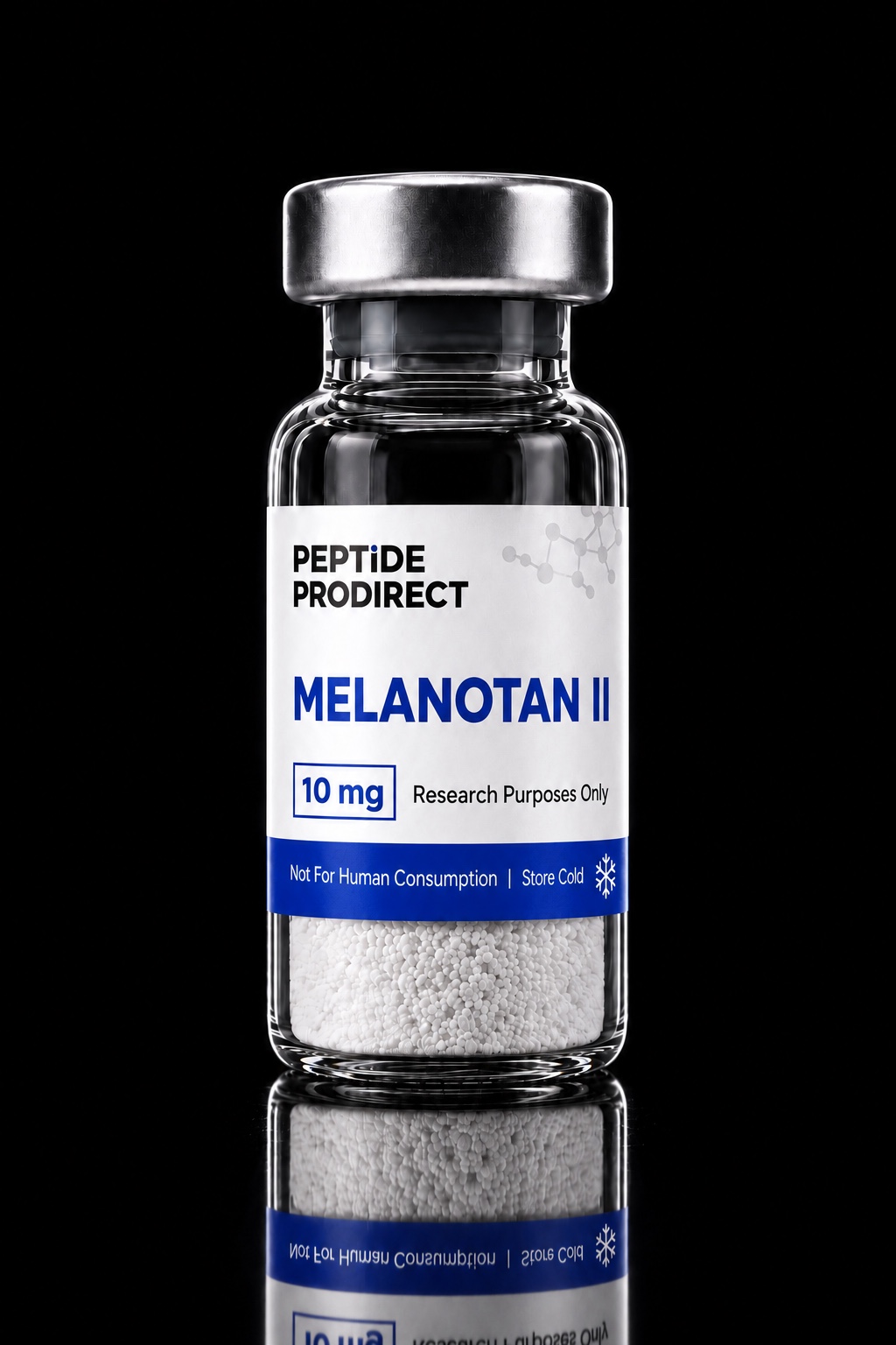 Peptide Prodirect Melanotan II research-material vial in a black studio