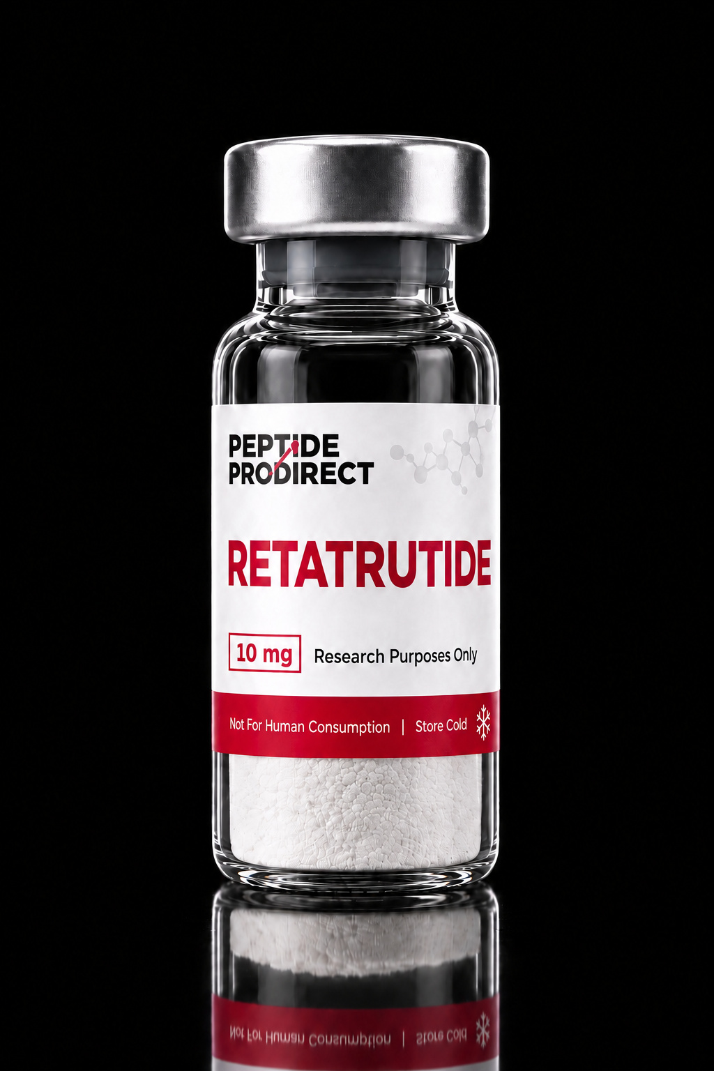 Peptide Prodirect Retatrutide research-material vial in a black studio