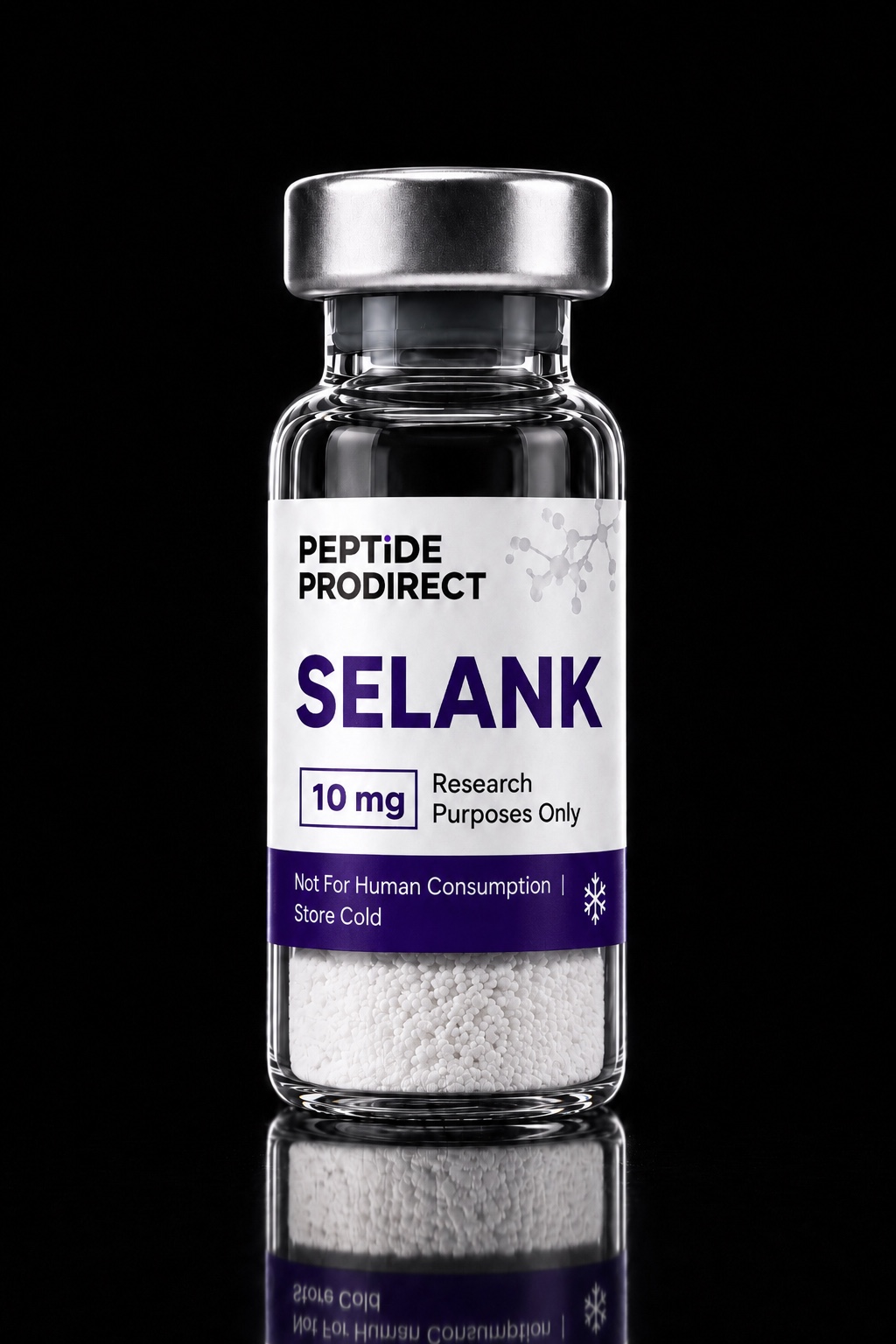 Peptide Prodirect Selank research-material vial in a black studio