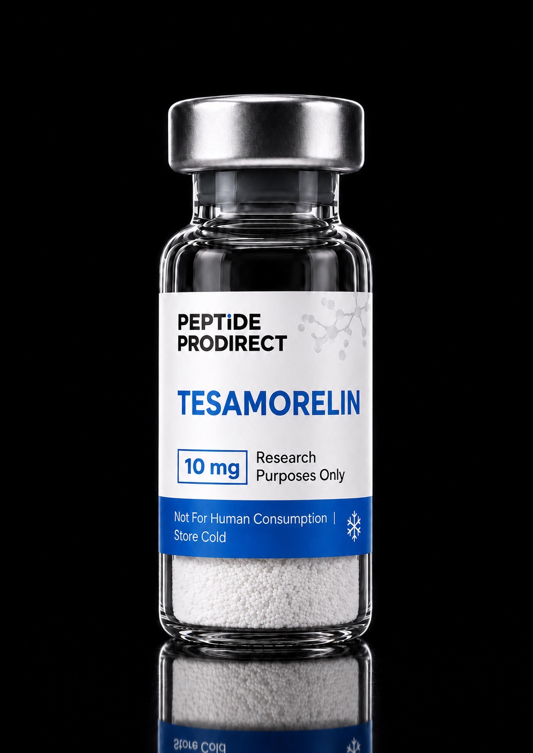 Peptide Prodirect Tesamorelin research-material vial in a black studio