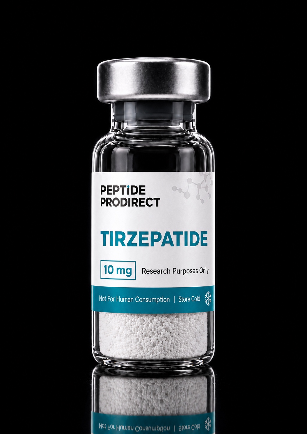 Peptide Prodirect Tirzepatide research-material vial in a black studio